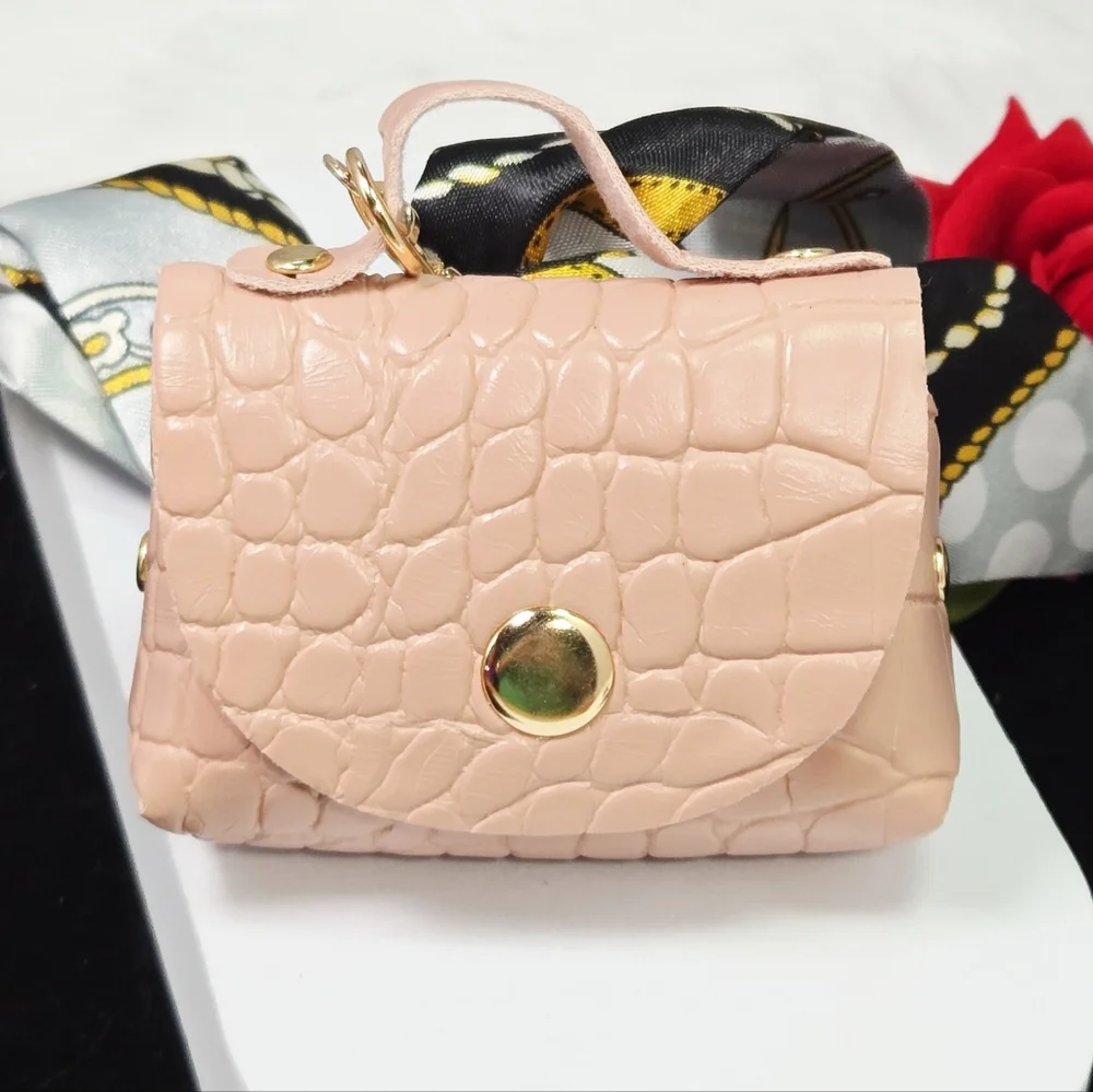 Pink Croc Mini Purse Bag Charm Keychain Scarf Bow AirPods Coin Pouch Keyring New